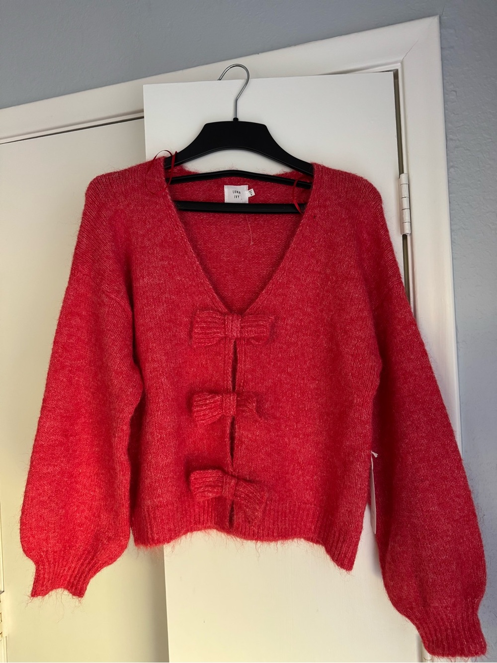 Bow-Front Fuzzy V-Neck Cardigan in Bright Red